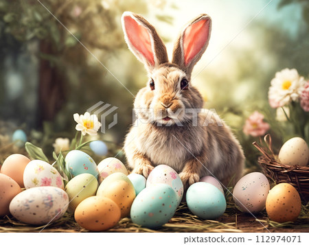 Easter Bunny among colorful Easter eggs on a blurred background. Generated AI 112974071
