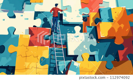 A man on high staircase of the facade of building built of puzzles. Generated AI 112974092