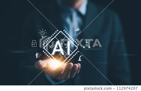 AI tech concept. Businessman holding chip CPU working of AI and artificial intelligence automation. Computer connection with information intelligent technology. AI prompt generate, AI for business, AI tech concept. Businessman holding chip CPU working of AI and artificial intelligence automation. Computer connection with information intelligent technology. AI prompt generate, AI for business, 112974207