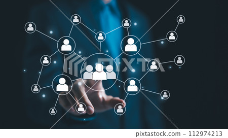 CRM Customer Relationship Management concept. Global business customer network technology. Data exchange development. Customer service, social media. Digital marketing online, Advertising on internet, 112974213
