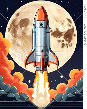 Abstract illustration of spacecraft flies to planets. Rocket starts into space. Cosmic concept image. Generative Ai illustration 112974242