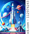Spaceship takes off into starry sky. Rocket starts into space. Generative Ai illustration 112974243