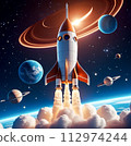 Spaceship takes off into starry sky. Rocket starts into space. Generative Ai illustration 112974244