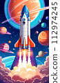 Spaceship takes off into starry sky. Rocket starts into space. Generative Ai illustration 112974245