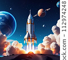 Spaceship takes off into starry sky. Rocket starts into space. Generative Ai illustration 112974248