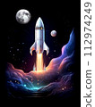 Spaceship takes off into starry sky. Rocket starts into space. Generative Ai illustration 112974249