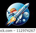 Spaceship takes off into starry sky. Rocket starts into space. Generative Ai illustration 112974267