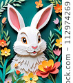 Cartoon Easter bunny among colorful decorative flowers on a green background. Generated AI 112974269