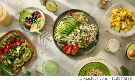 AI-generated content. Healthy breakfast spread with fruits and smoothies AI-generated content. Healthy breakfast spread with fruits and smoothies 112974288