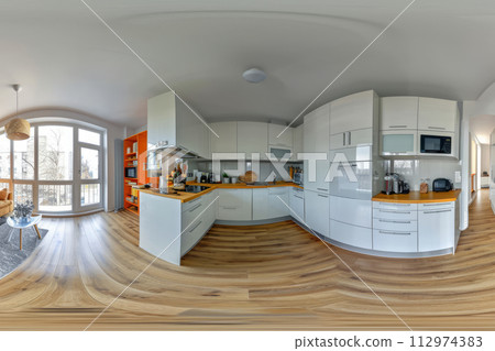 360 degrees photography of modern kitchen in scandinavian style 112974383