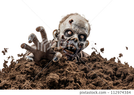 Bloody male zombie crawls out of the grave soil 112974384