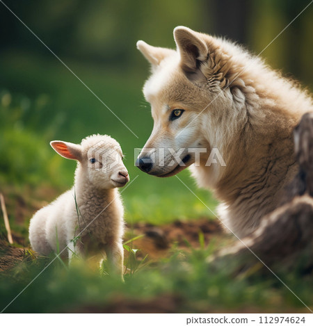 In grass, wolf and a lamb are peacefully sitting side by side. Predator and prey, wild animal and domestic animal. 112974624