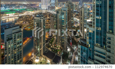Dubai downtown night aerial timelapse 112974670