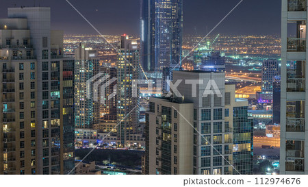 Dubai downtown night aerial timelapse 112974676