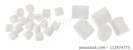 Marshmallow isolated on white background with full depth of field. Top view. Flat lay Marshmallow isolated on white background with full depth of field. Top view. Flat lay 112974773