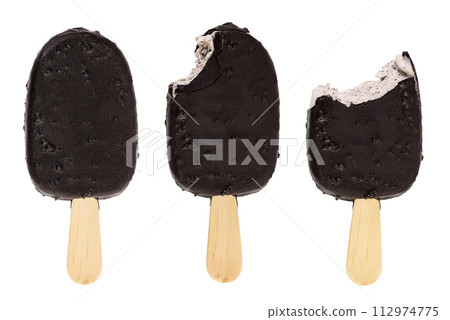 Bitten Ice cream bar with chocolate coating isolated on white background. 112974775