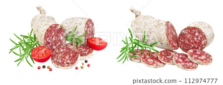 Cured salami sausage slices isolated on white background. Italian cuisine with full depth of field Cured salami sausage slices isolated on white background. Italian cuisine with full depth of field 112974777