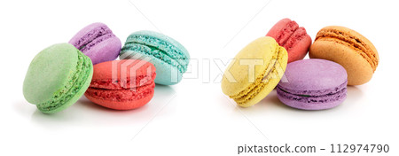 four macaroons isolated on white background closeup 112974790