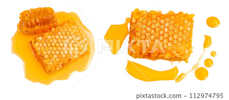 Honeycombs and honey puddle isolated on white background with full depth of field. Top view. Flat lay Honeycombs and honey puddle isolated on white background with full depth of field. Top view. Flat lay 112974795