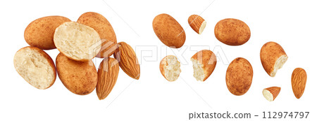 Marzipan balls or potatoes with almond isolated on white background full depth of field. Top view. Flat lay 112974797