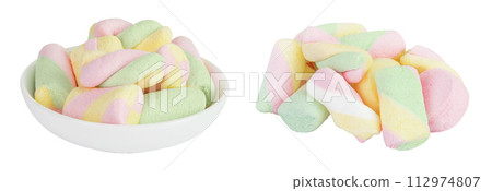 Colorful mini marshmallows in ceramic bowl isolated on white background with full depth of field Colorful mini marshmallows in ceramic bowl isolated on white background with full depth of field 112974807