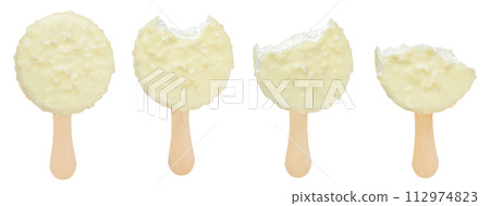 Bitten coconut Ice cream bar with white chocolate coating isolated on white background. Bitten coconut Ice cream bar with white chocolate coating isolated on white background. 112974823