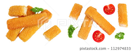 Fish finger or stick with parsley isolated on white background. Top view. Flat lay. Fish finger or stick with parsley isolated on white background. Top view. Flat lay. 112974833