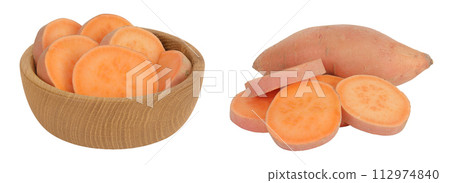 Sweet potato slices in a wooden bowl isolated on white background with full depth of field Sweet potato slices in a wooden bowl isolated on white background with full depth of field 112974840