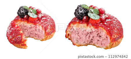 Cake shu eclairs with berries and red crumble isolated on white background Cake shu eclairs with berries and red crumble isolated on white background 112974842