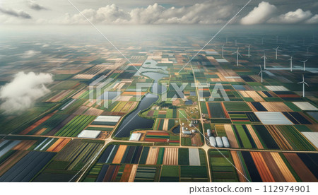 aerial view of an agricultural fields with natural water bodies and wind turbines farm. Generative AI 112974901