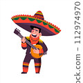 Mariachi. Expressive Mexican musician with banjo wearing traditional sombrero. Vector illustration isolated on white background. 112974970