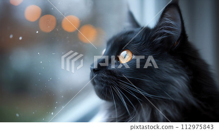 AI-generated content. A black cat sits and looks out the window, close-up of its muzzle. AI-generated content. A black cat sits and looks out the window, close-up of its muzzle. 112975843