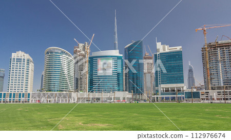 Panoramic timelapse hyperlapse view of business bay and downtown area of Dubai Panoramic timelapse hyperlapse view of business bay and downtown area of Dubai 112976674