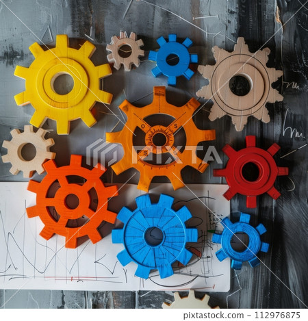 AI-generated content. Colorful gears on a desk with sketches of business project. Generative AI AI-generated content. Colorful gears on a desk with sketches of business project. Generative AI 112976875