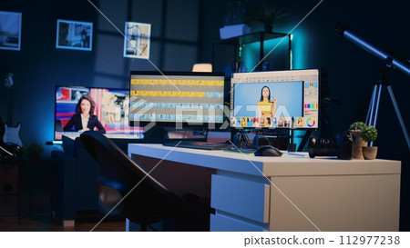 Cutting edge creative office in multimedia agency with multi monitor computer setup used for image retouching. Empty specialized post processing studio with editing software interface on PC screens Cutting edge creative office in multimedia agency with multi monitor computer setup used for image retouching. Empty specialized post processing studio with editing software interface on PC screens 112977238