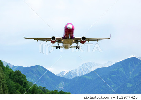Passenger jet plane flies in the sky. Air transport industry Passenger jet plane flies in the sky. Air transport industry 112977423