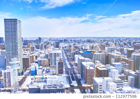 Sapporo, Hokkaido in winter, cityscape looking east from Sapporo TV Tower 112977506