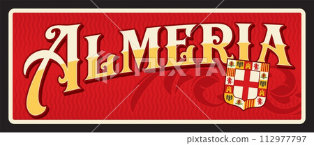 Almeria Spanish city plate and travel sticker, vector luggage tag. Spain city tin sign and travel plate with landmark, flag emblem and municipality symbol. Municipality of Spain in Andalusia Almeria Spanish city plate and travel sticker, vector luggage tag. Spain city tin sign and travel plate with landmark, flag emblem and municipality symbol. Municipality of Spain in Andalusia 112977797