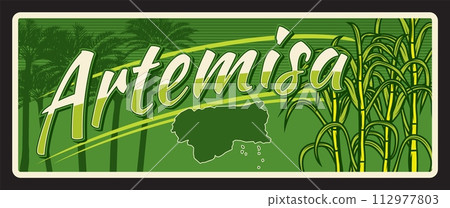 Artemisa province of Cuba, Cuban territory souvenir plaque. Vector travel plate, vintage tin sign, retro welcoming postcard design. Old card with map, palm trees and tobacco plants 112977803