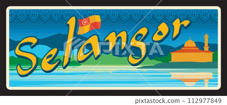 Selangor Malaysian state, Malaysia territory. Vector travel plate or sticker, vintage tin sign, retro vacation postcard or journey signboard, luggage tag. Landscape with mosque and flag 112977849
