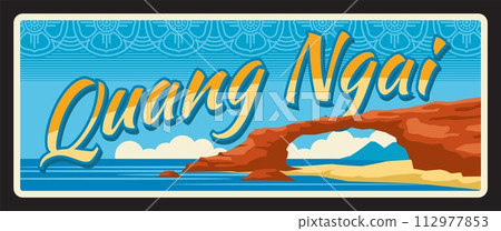 Quang Ngai province in Vietnam, Vietnamese coastal region. Vector travel plate, vintage tin sign, retro vacation postcard or journey signboard. Plaque or card with beach stone gate To Vo Quang Ngai province in Vietnam, Vietnamese coastal region. Vector travel plate, vintage tin sign, retro vacation postcard or journey signboard. Plaque or card with beach stone gate To Vo 112977853