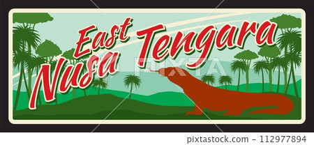 East Nusa Tengara retro travel plate of Indonesia, asian travel destination. Indonesia region retro tin sign, indonesian province vector sticker with monitor lizard, tropical forest landscape East Nusa Tengara retro travel plate of Indonesia, asian travel destination. Indonesia region retro tin sign, indonesian province vector sticker with monitor lizard, tropical forest landscape 112977894