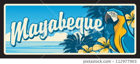 Mayabeque province in Cuba, Cuban region with exotic nature. Vector travel plate, vintage tin sign, retro welcoming postcard design. Souvenir plaque with parrot and seaside with palms Mayabeque province in Cuba, Cuban region with exotic nature. Vector travel plate, vintage tin sign, retro welcoming postcard design. Souvenir plaque with parrot and seaside with palms 112977903