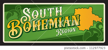 South Bohemian region of Czech Republic, territory in Europe. Vector travel plate, vintage tin sign, retro postcard design. Old plaque with European country area, map and ornaments decor South Bohemian region of Czech Republic, territory in Europe. Vector travel plate, vintage tin sign, retro postcard design. Old plaque with European country area, map and ornaments decor 112977923