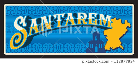 Santarem portuguese region vintage travel plate. Vector map of Portugal province, catholic church, ancient chapel and territory map banner with azulejo tile. Distrito de Santarem Portugal district Santarem portuguese region vintage travel plate. Vector map of Portugal province, catholic church, ancient chapel and territory map banner with azulejo tile. Distrito de Santarem Portugal district 112977954