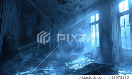 The eerie silence of an abandoned room with scattered rays of light, creating a haunting, spectral scene reminiscent of gothic horror stories, Halloween story  112978310