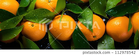 Freshly picked, ripe oranges glisten with water droplets, offering a tangy sweetness and a burst of juicy flavor, embodying the essence of summer. 112978542