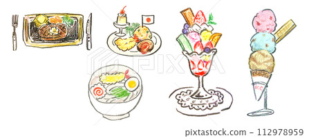 A collection of various family restaurant and coffee shop menus drawn with colored pencils 112978959