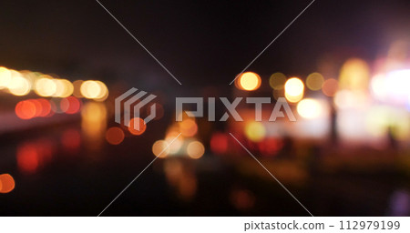 Colorful Bokeh abstract blurred background music festival stage show performance party. Vibrant bokeh background spark animate motion. Backdrop display with twinkling night life shape blinking light 112979199