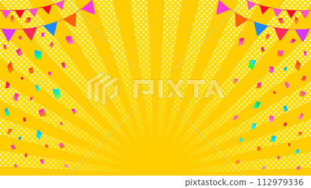 Event frame background Confetti, garland and radiation 16:9 112979336